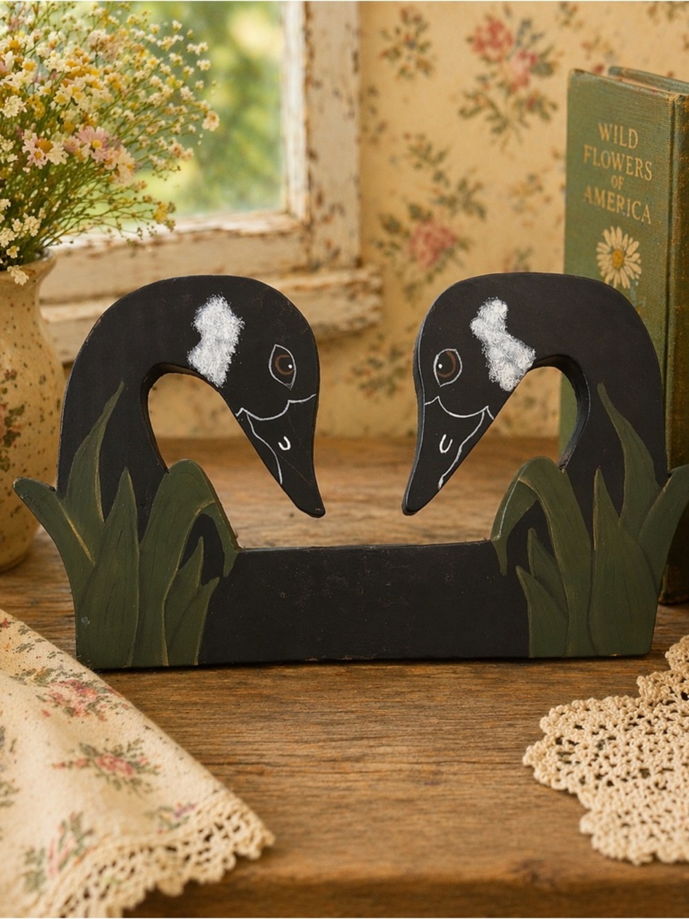 Vintage 90s Hand-Painted Wooden Goose Decor
